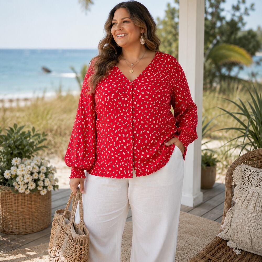 Sanctuary Floral Boho Peasant Womens Top Sz 3X Cottagecore Red Smocked Coastal